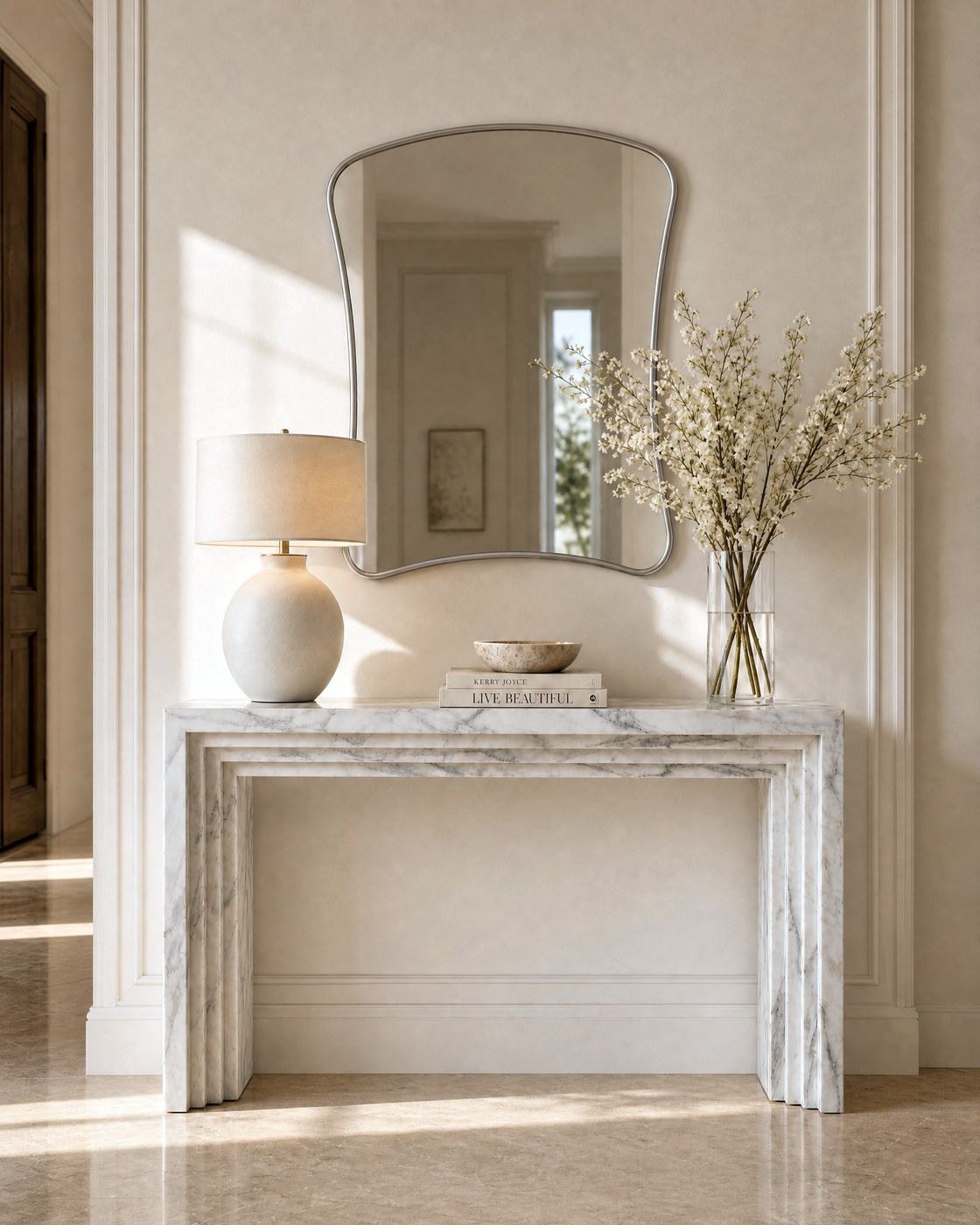 Entry design study: stepped marble console, sculptural silver mirror, blossom branches, cream panelling.