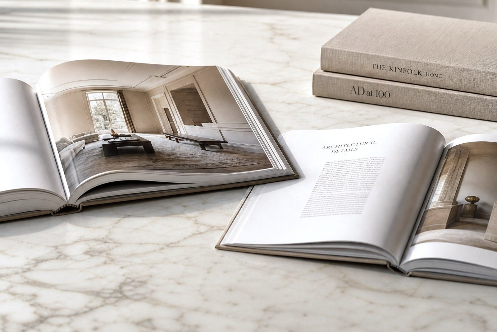 Sakaia visualization: an interior design book open beside stacked hardcovers and a magazine spread on a honed marble table.