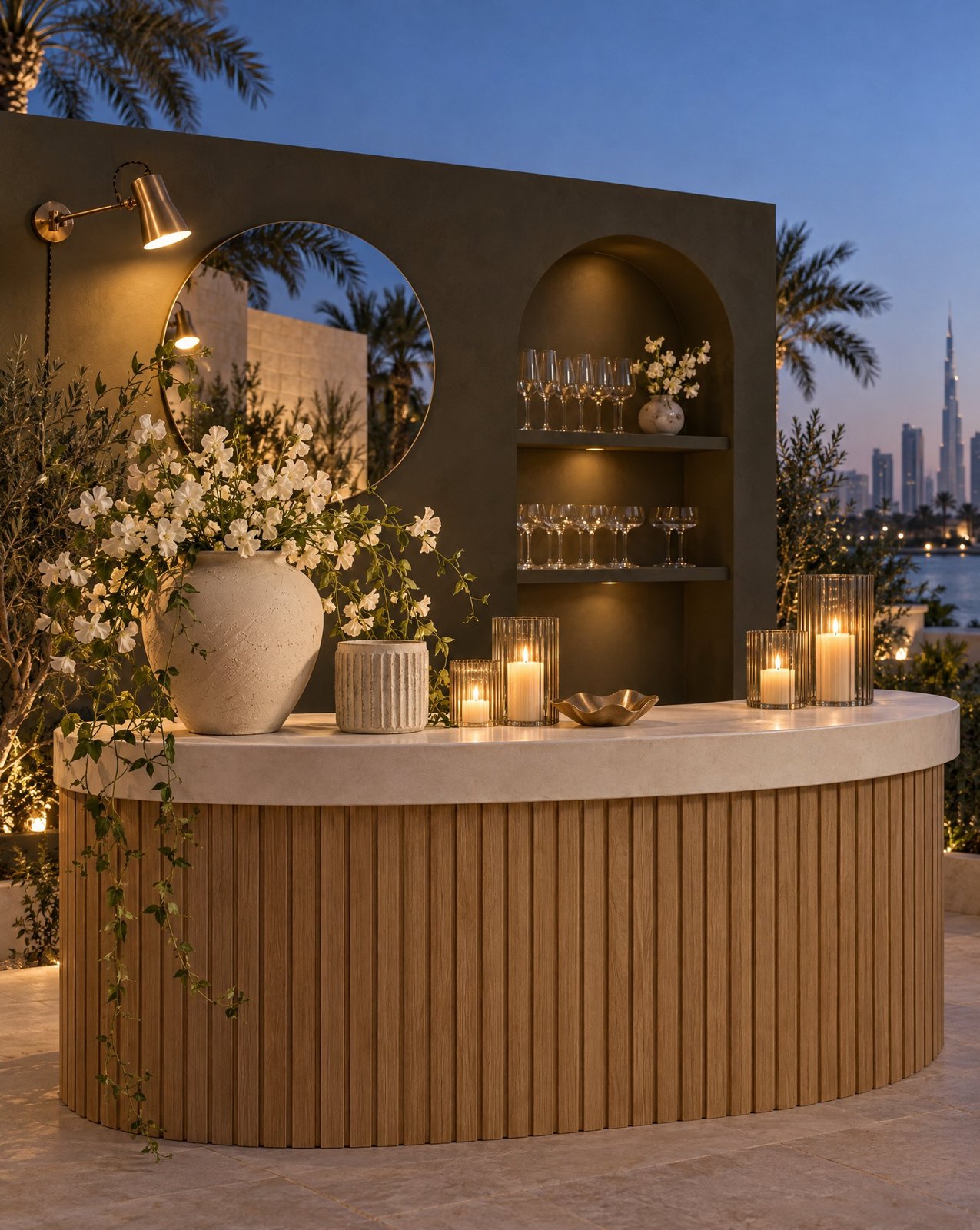 Outdoor bar at dusk with a fluted oak counter, candles and stone vases, arched niches holding glassware and the Dubai skyline behind, Studio Sakaia design visualisation.