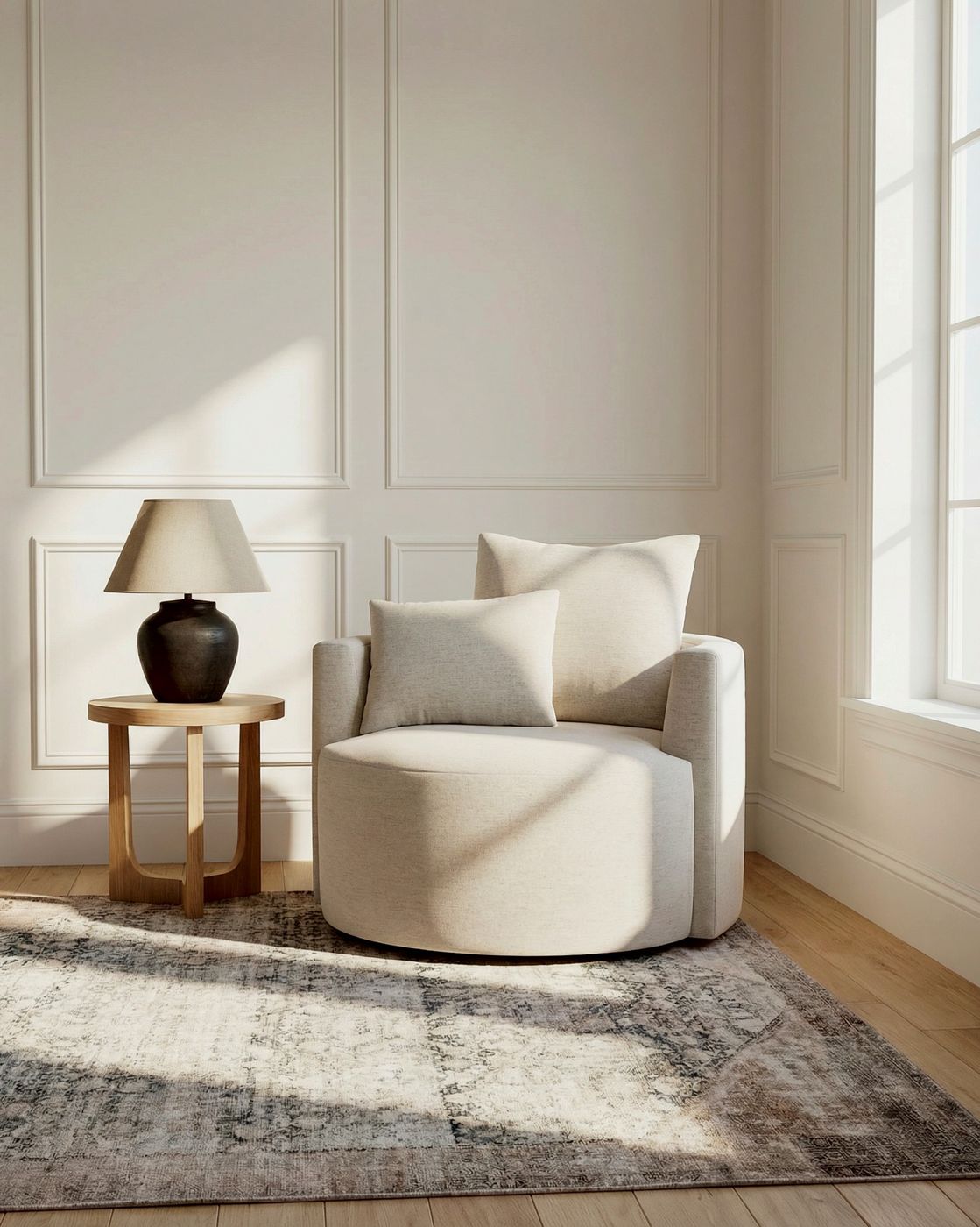 Reading corner design study: cream swivel chair and faded vintage rug on oak floor.