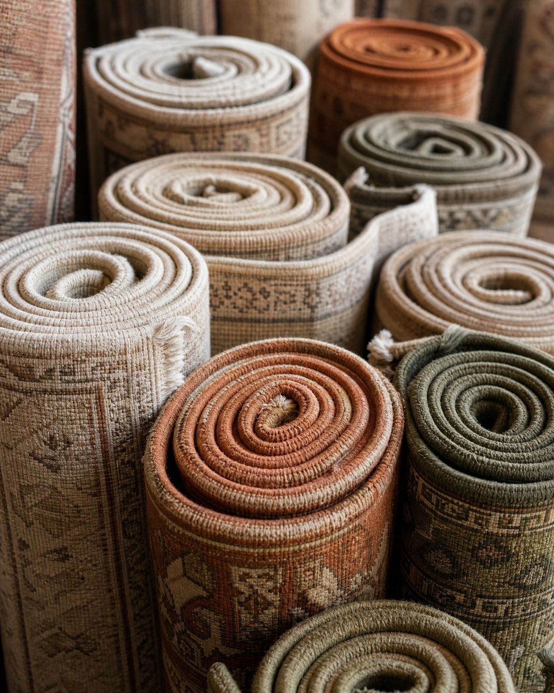 Rolled hand knotted rugs in warm neutrals, terracotta and olive, in a Dubai rug gallery.