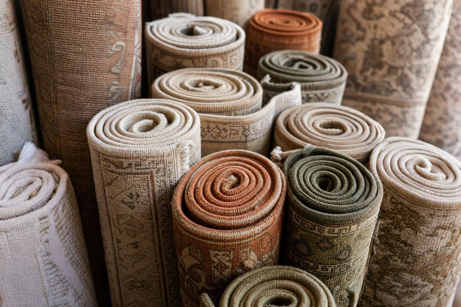 Rolled hand knotted rugs in pale neutrals, terracotta and olive, spiral ends facing the camera.