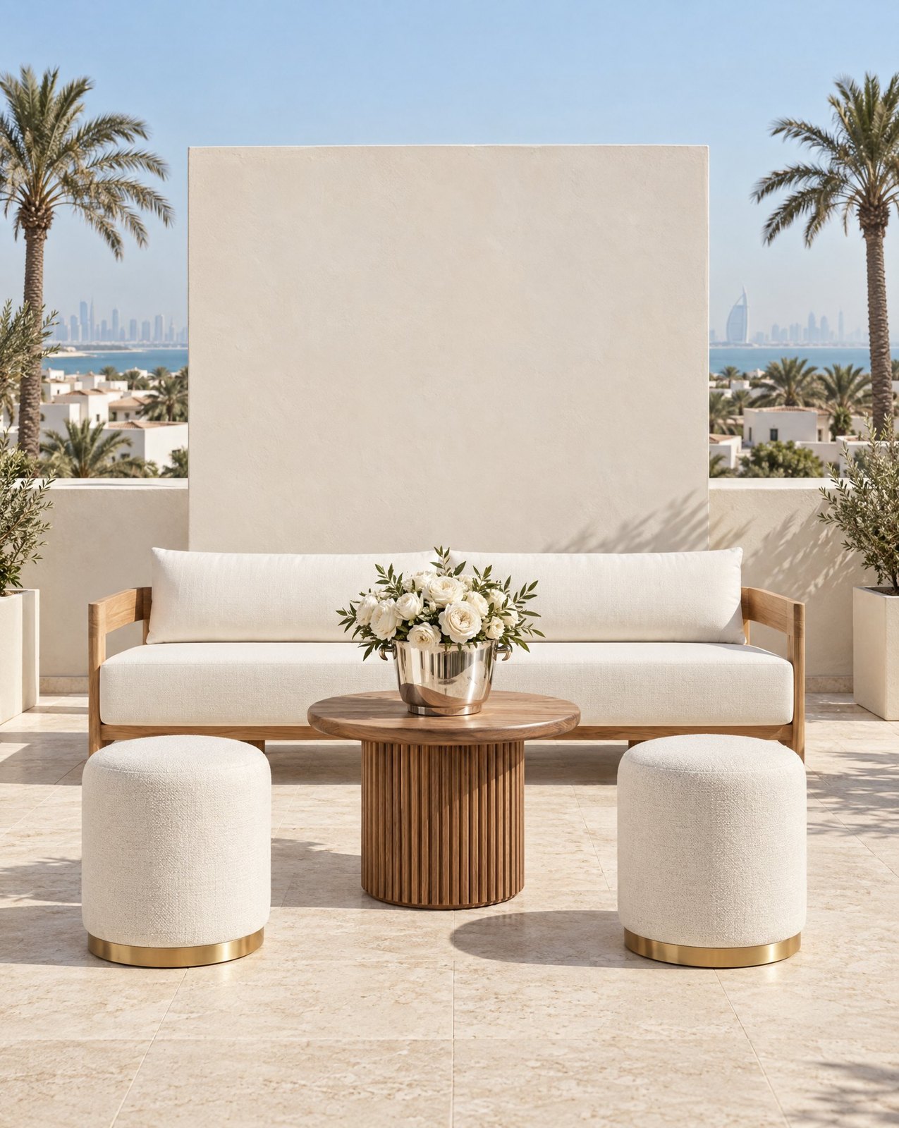 Rooftop event lounge in Dubai with a white sofa, fluted round table and two boucle ottomans on brass bases, the skyline behind, Studio Sakaia design visualisation.
