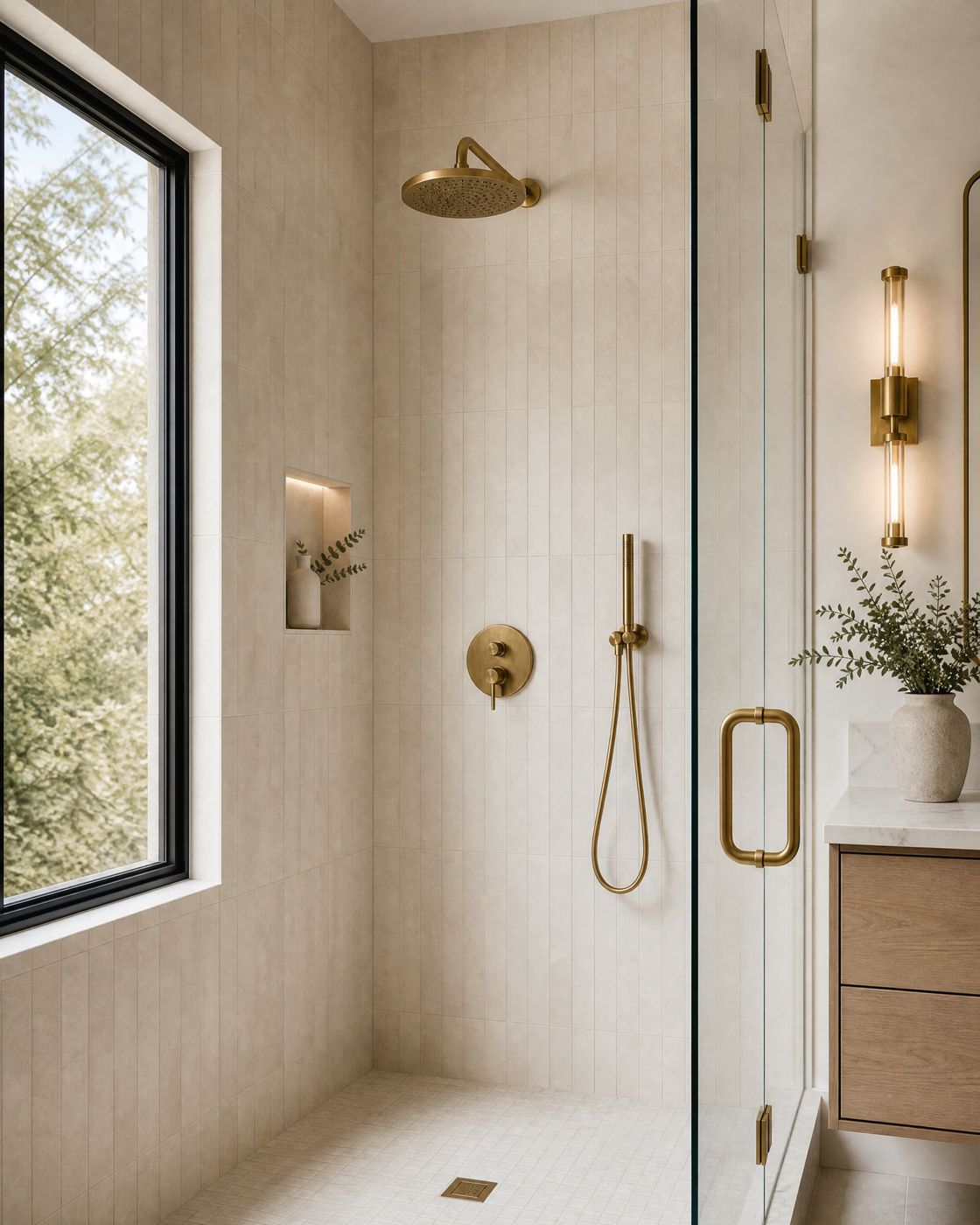Shower design study: vertical stacked greige tile, brass rain head and hand shower, lit niche.