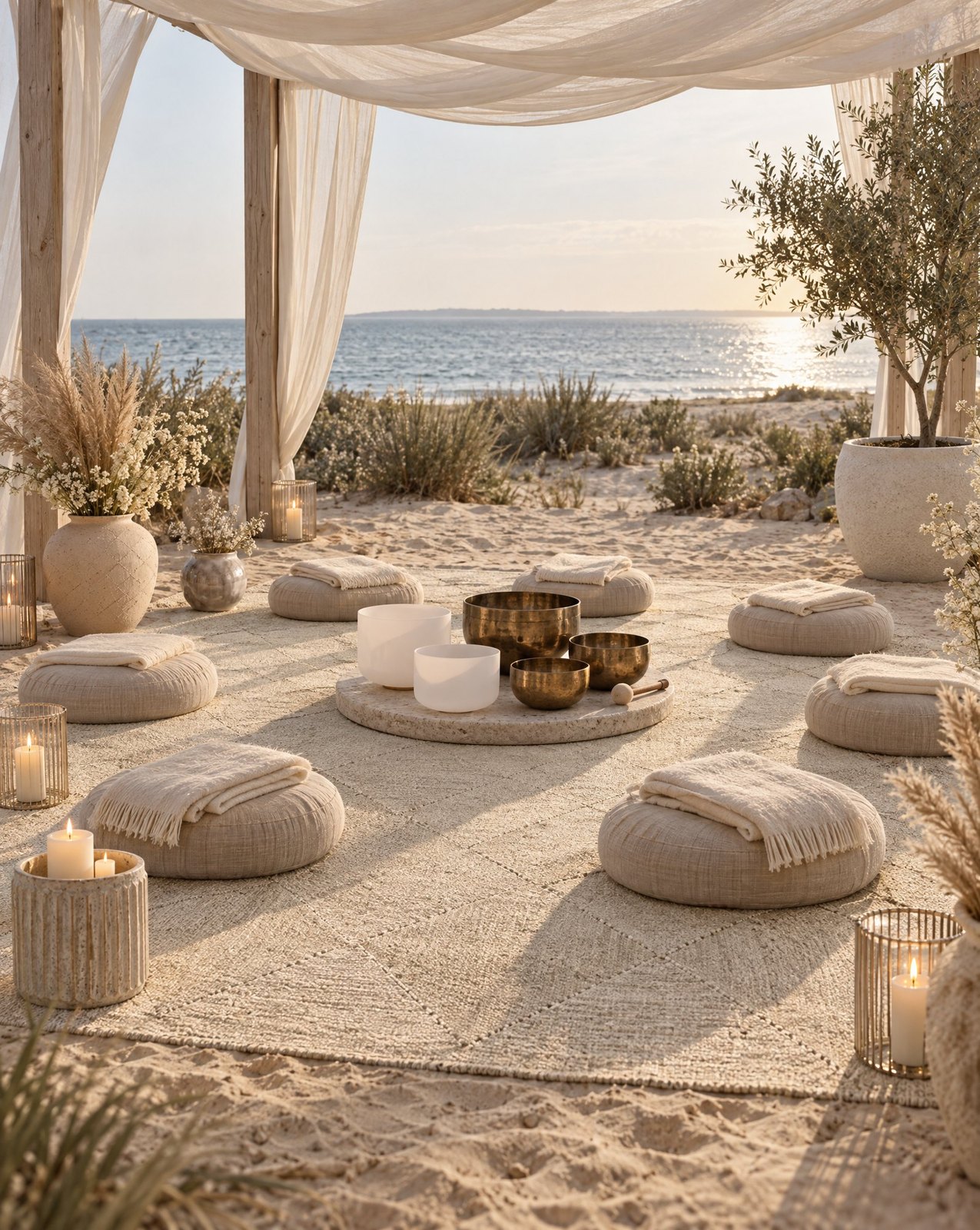 Sound healing pavilion on the beach with brass singing bowls and floor cushions under draped linen, Studio Sakaia design visualisation, UAE.