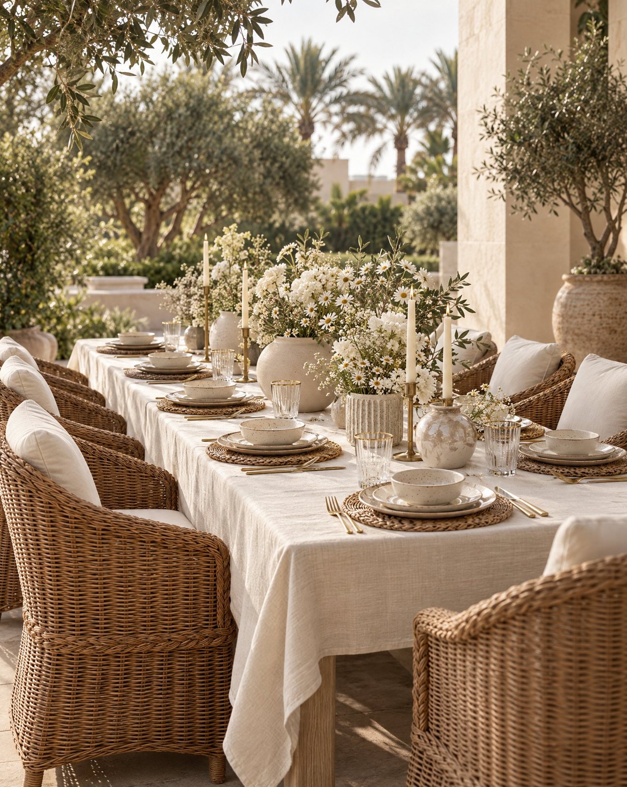 Long terrace dinner table dressed in linen with woven chargers, gold rimmed glasses, taper candles in brass holders and white flowers in stone vases, Studio Sakaia design visualisation, Dubai.