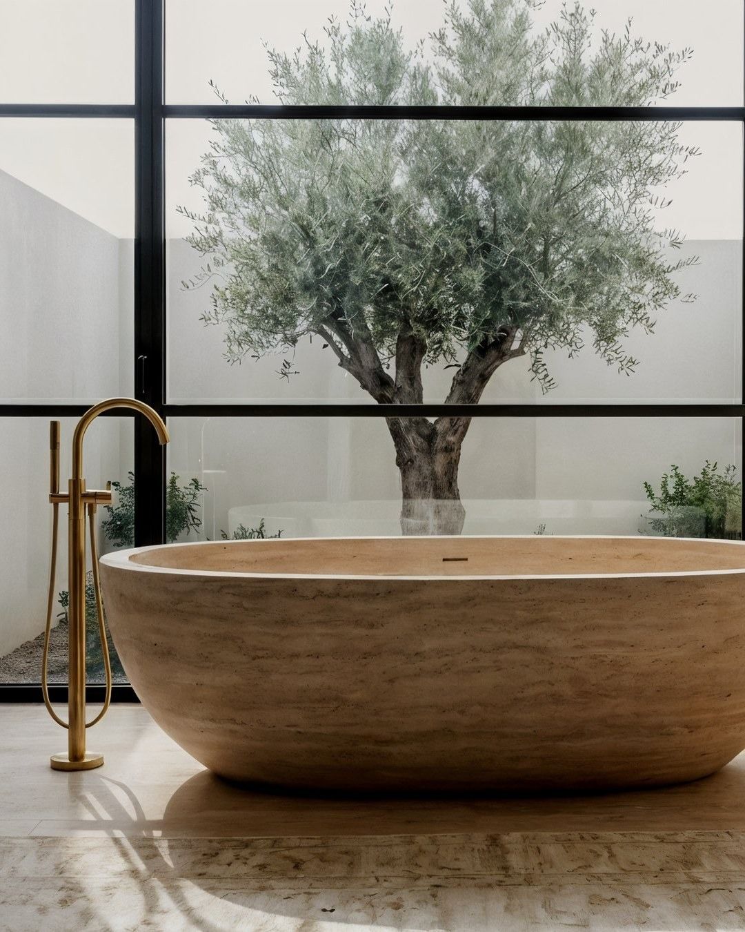 Travertine bathtub facing a black steel window with an olive tree beyond, brass floor tap.