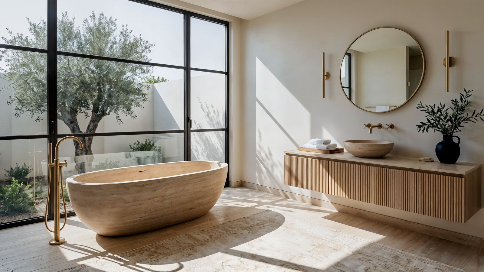 Travertine bathtub facing a black steel window with an olive tree beyond, brass floor tap.