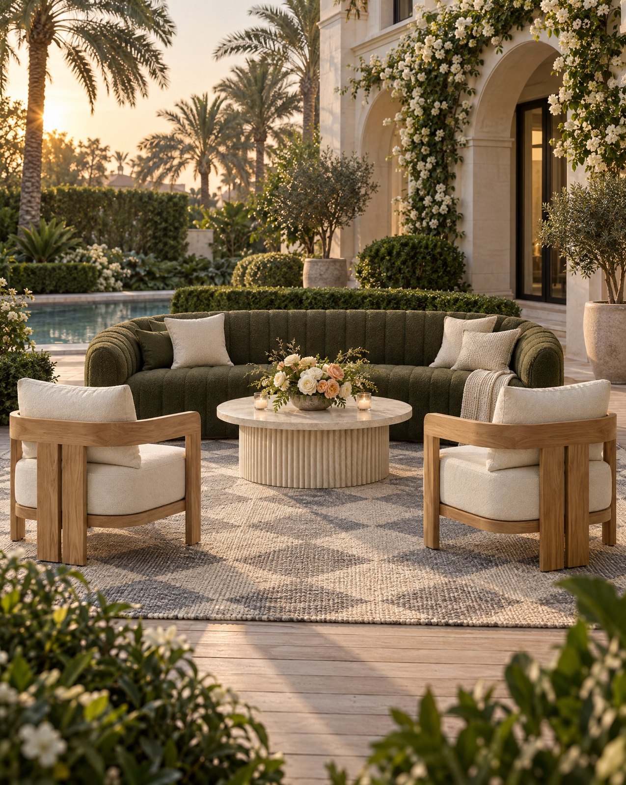 Villa garden lounge at sunset with an olive green channel sofa, oak armchairs and a fluted white coffee table on a patterned outdoor rug beside the pool, Studio Sakaia design visualisation, Dubai.