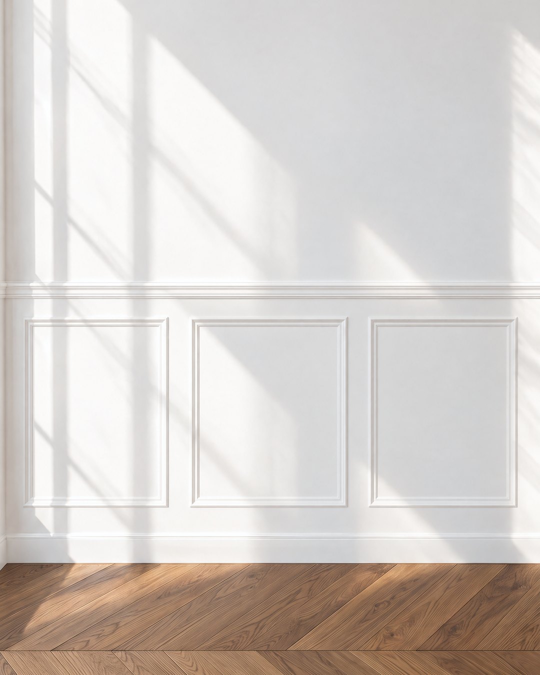Raised panel wainscoting on the lower third of a white wall under a moulded rail, design visualisation by Studio Sakaia.