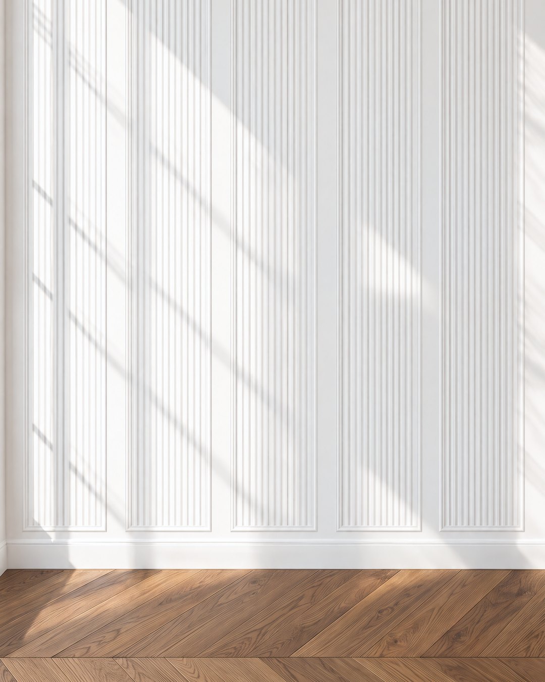 Tall fluted panels in slim frames catching angled sunlight, design visualisation by Studio Sakaia.