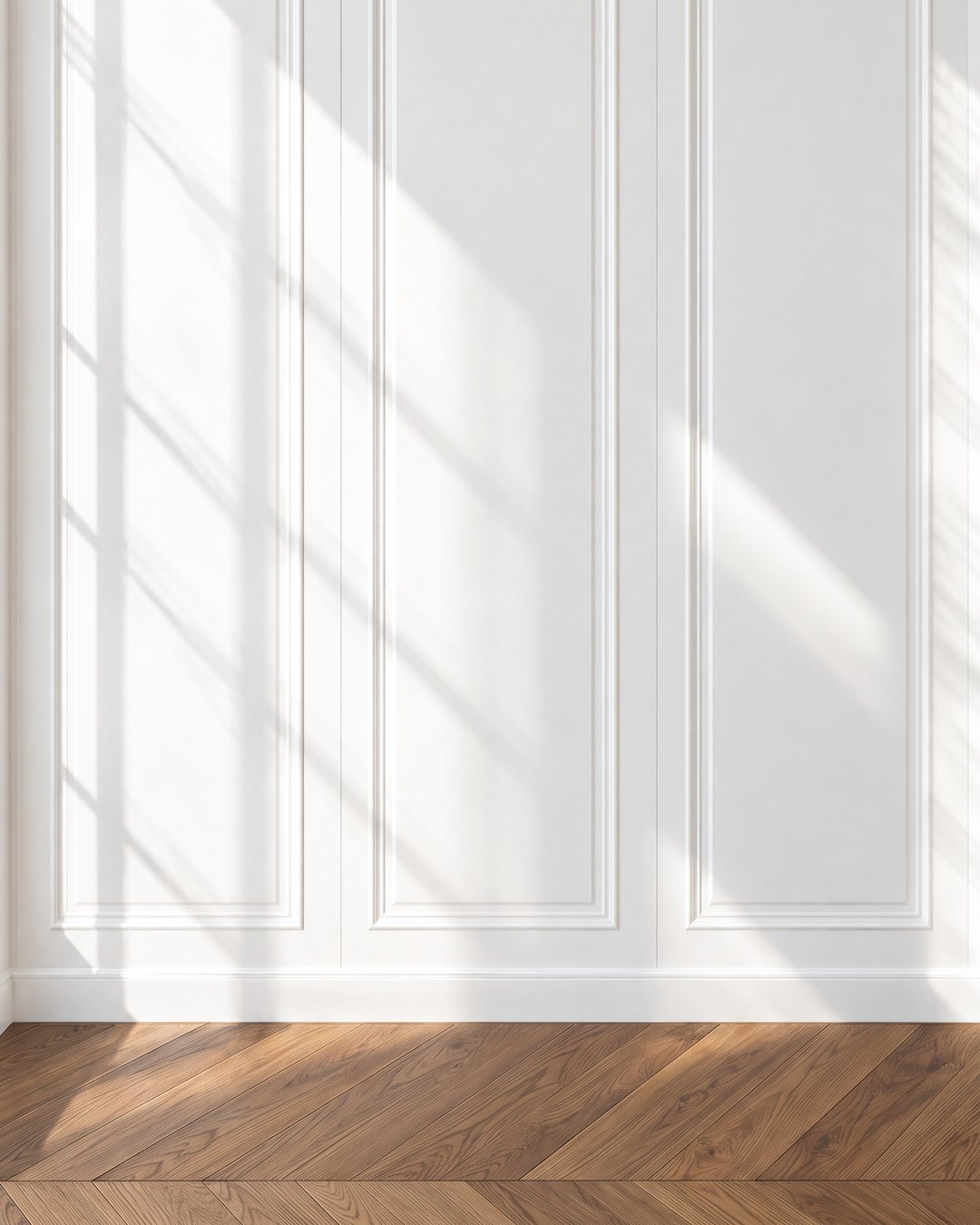 Full height raised panelling from skirting to cornice in soft white, design visualisation by Studio Sakaia.