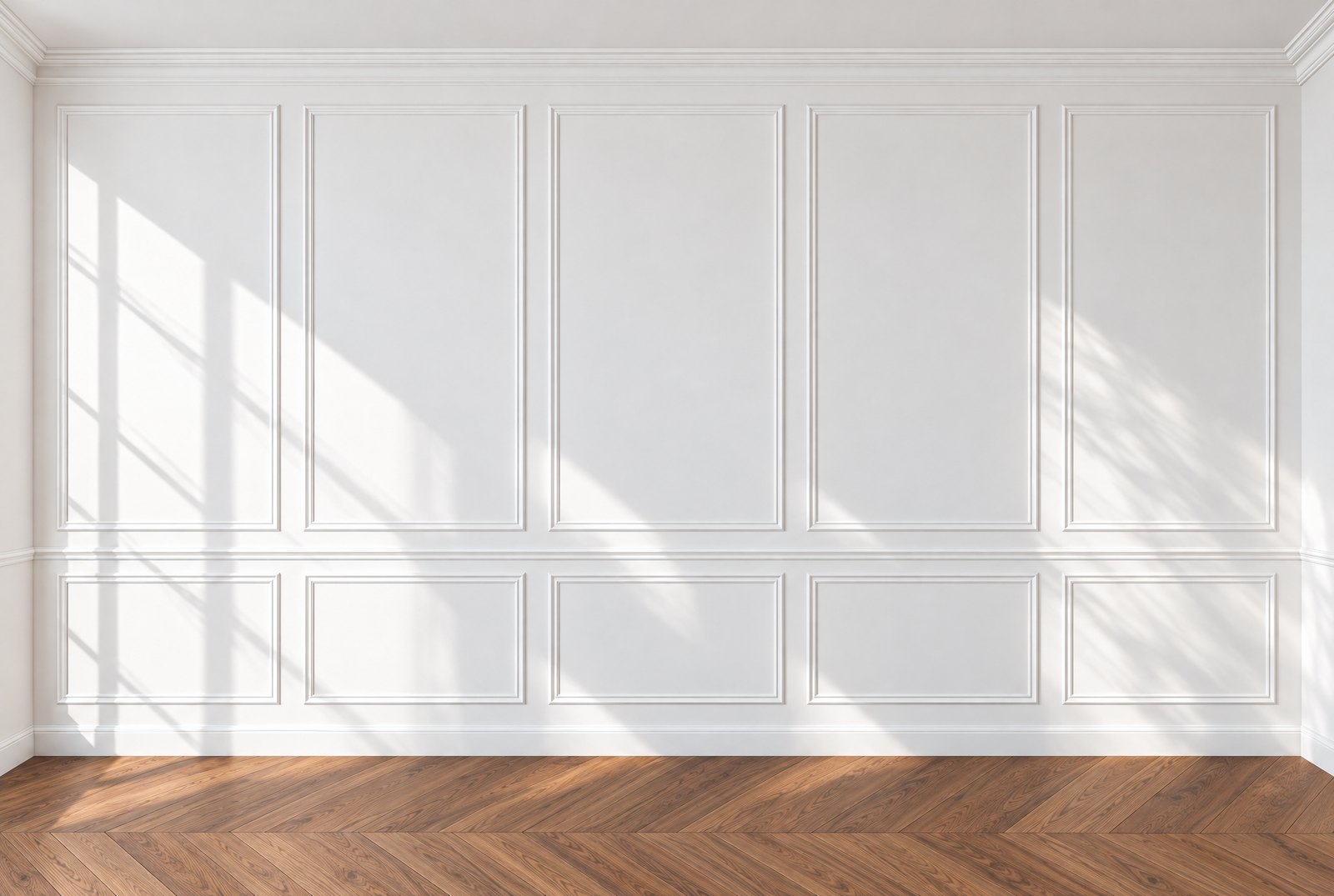 White wall with picture frame moulding above and below a chair rail, morning light and a chevron wood floor, design visualisation by Studio Sakaia.