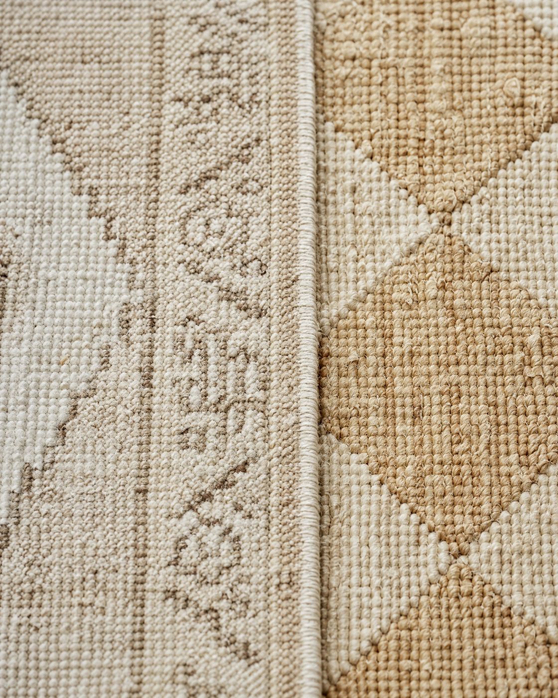 Macro of a jute flatweave meeting a hand knotted wool rug pile, weave and knots visible.