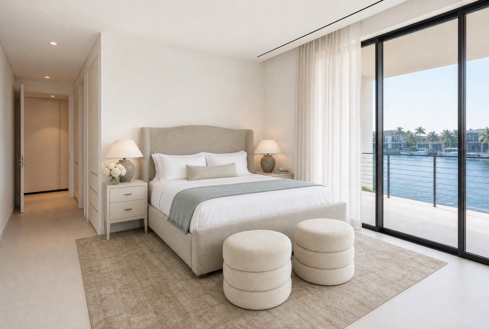 A waterfront bedroom with generous sheer curtains and black-framed sliding doors onto a marina view, two stacked boucle poufs at the foot of the bed, Studio Sakaia, Dubai