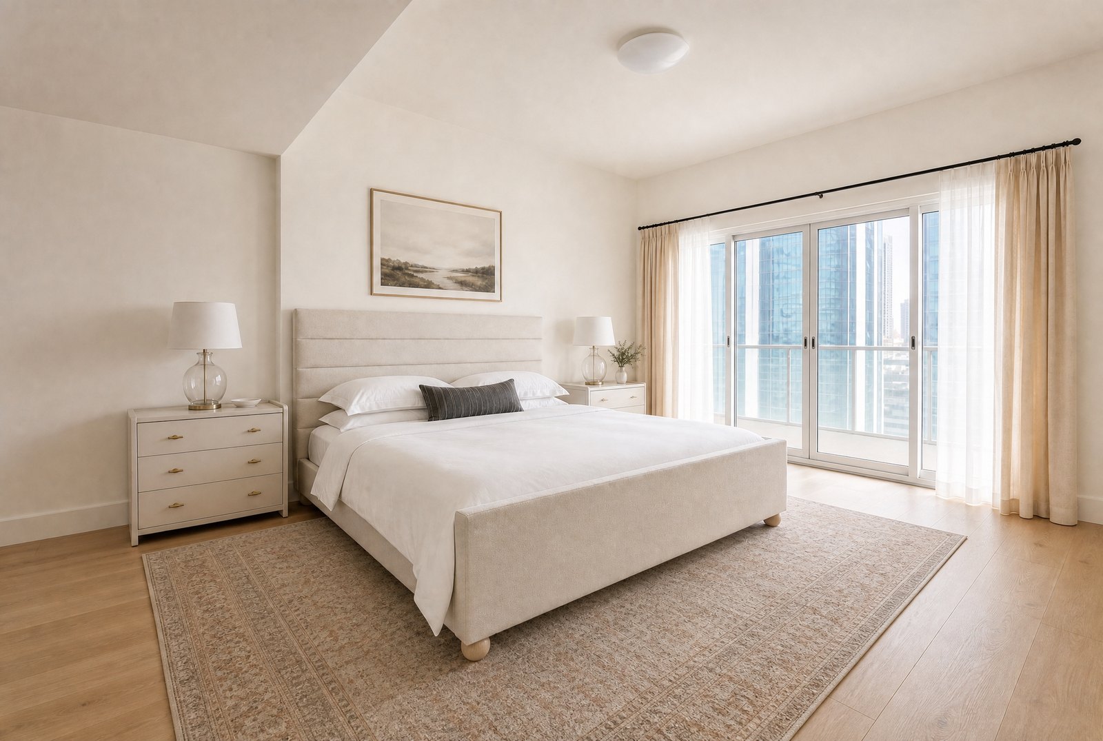 A bedroom with a large vintage beige rug over a light oak floor, a channel-tufted cream headboard and a city tower view, Studio Sakaia, Dubai