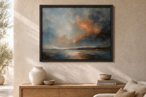 A single framed seascape holding a tall wall in an arched room