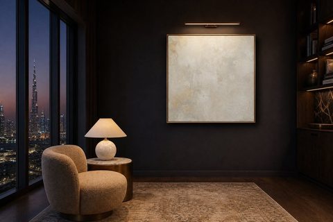 A dusk sitting area lit by a table lamp at seated eye level and a picture light over an ivory plaster artwork, warm low light against the Dubai skyline, Studio Sakaia, Dubai