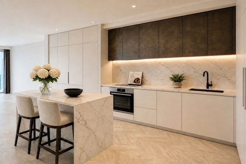 Kitchen design visualization: cream cabinetry, bronze upper doors, marble island and splashback.