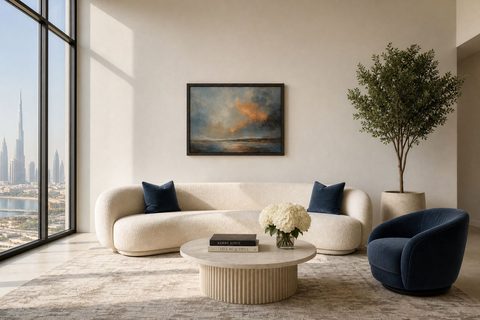 Living room design visualization with ivory curved sofa, navy chair, and artwork sized to the sofa, Dubai skyline beyond.