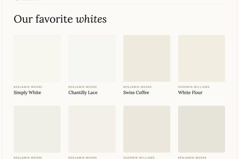 Studio Sakaia paint guide card, 'Our favorite whites', showing eight white paint swatches from Benjamin Moore and Sherwin-Williams including Simply White and Chantilly Lace