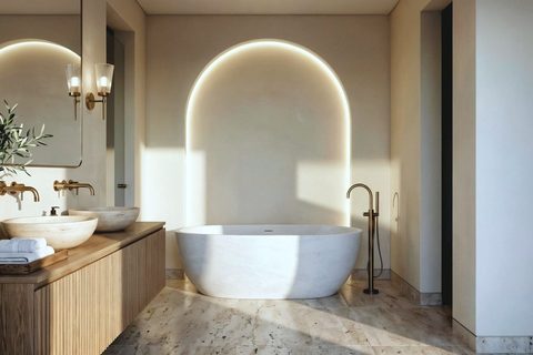 Bathroom design study: backlit arch niche behind a freestanding stone tub, brass floor mounted tap.