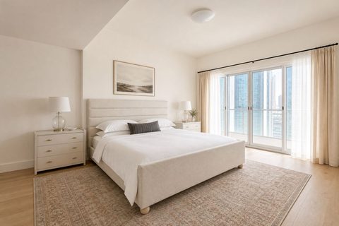 Bright bedroom visualization with visible wood floor, a sized rug, and a city view through sliding doors.