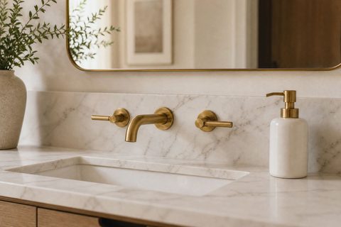 Detail design study: brass two handle wall faucet on a honed marble splashback with soft veining.