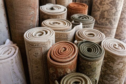 Rolled hand knotted rugs in pale neutrals, terracotta and olive, spiral ends facing the camera.
