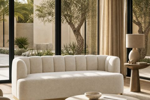 Warm minimalist Dubai villa living room with a cream curved sofa, travertine and oak, by Studio Sakaia
