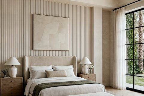 A primary bedroom with a reeded plaster wall, a low linen platform bed, matching bedside lamps and an olive throw, Studio Sakaia, Dubai