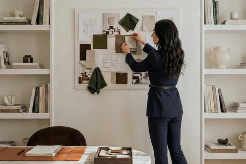 Studio material moodboard with plaster, stone and timber samples, Studio Sakaia, Dubai