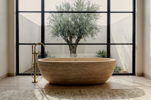 Primary bathroom organised around stone and daylight; travertine, a steel-framed window, a single olive, by Studio Sakaia