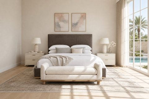 A Sakaia-designed bedroom composed around the Blush and Grey Soft Abstract