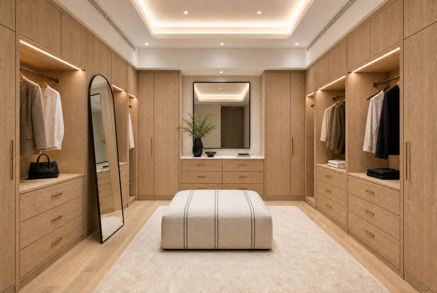 Walk-in wardrobe visualization with oak joinery, lit hanging bays, and central ottoman.