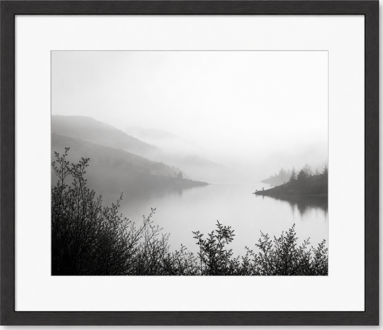 Black-and-White Foggy Lake Photograph, original artwork by Studio Sakaia, made to order