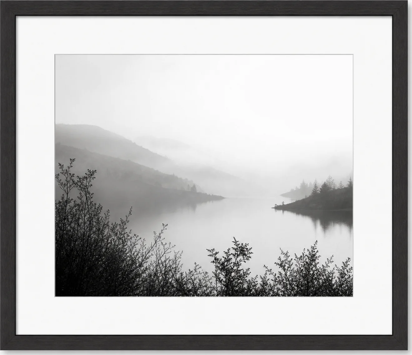 Black-and-White Foggy Lake Photograph, original artwork by Studio Sakaia, made to order