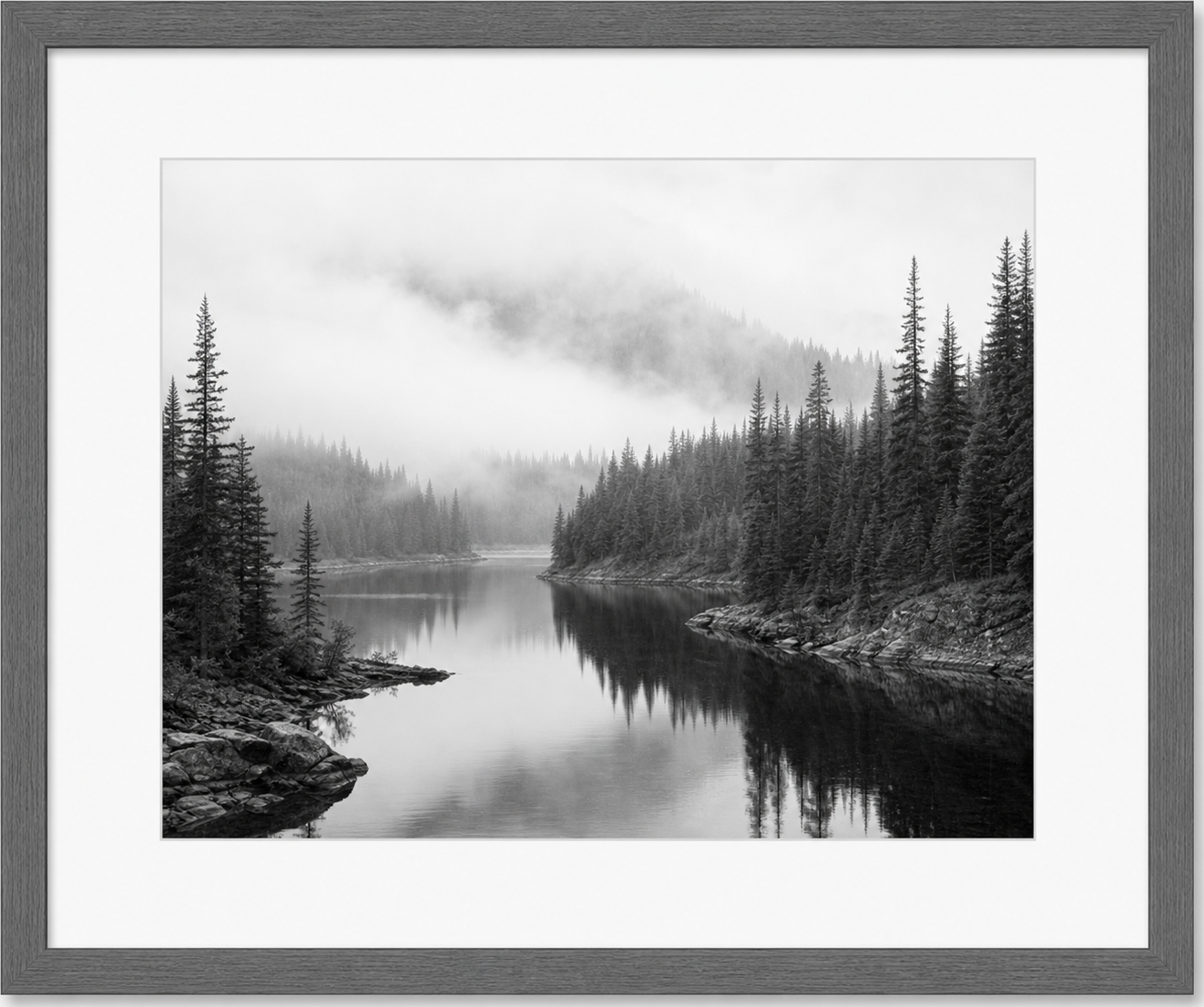 Black-and-White Misty Forest Lake Photograph, original artwork by Studio Sakaia, made to order
