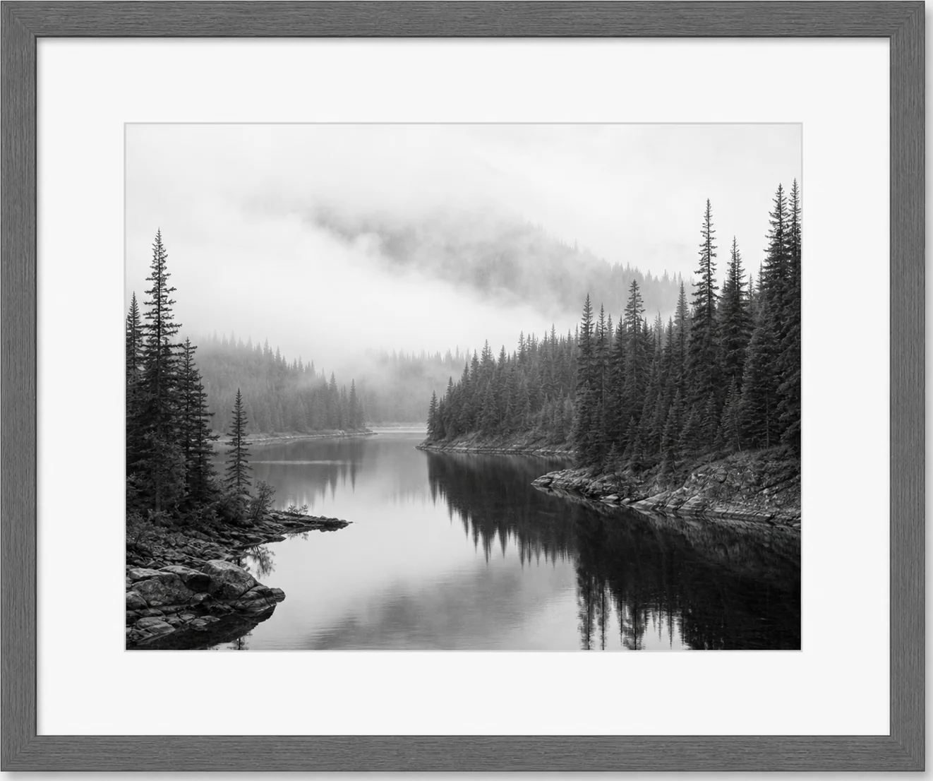 Black-and-White Misty Forest Lake Photograph, original artwork by Studio Sakaia, made to order