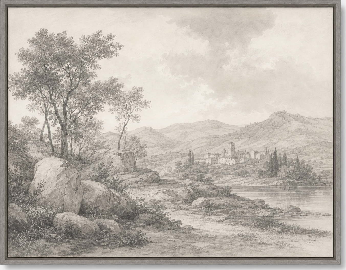 Graphite River and Village Landscape, original artwork by Studio Sakaia, made to order