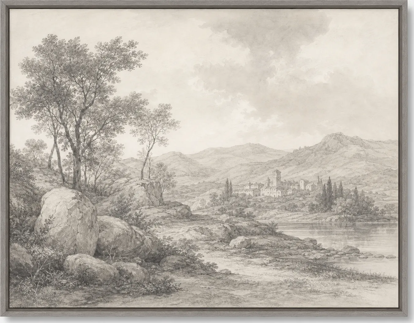 Graphite River and Village Landscape, original artwork by Studio Sakaia, made to order