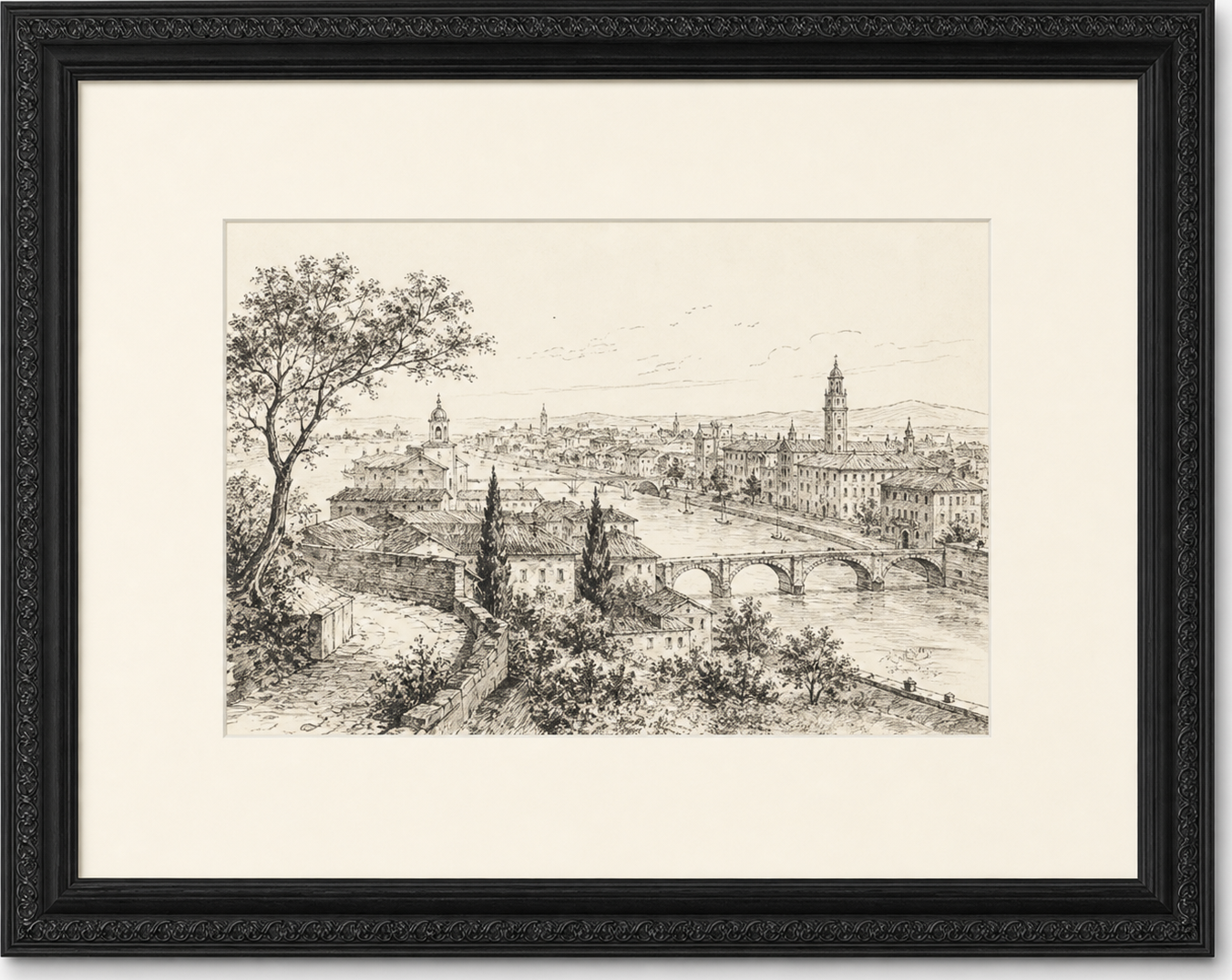 Ink Cityscape River Drawing, original artwork by Studio Sakaia, made to order