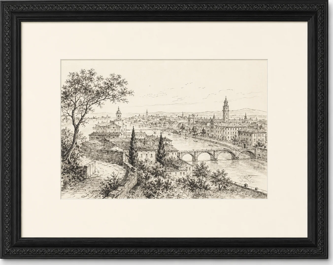 Ink Cityscape River Drawing, original artwork by Studio Sakaia, made to order