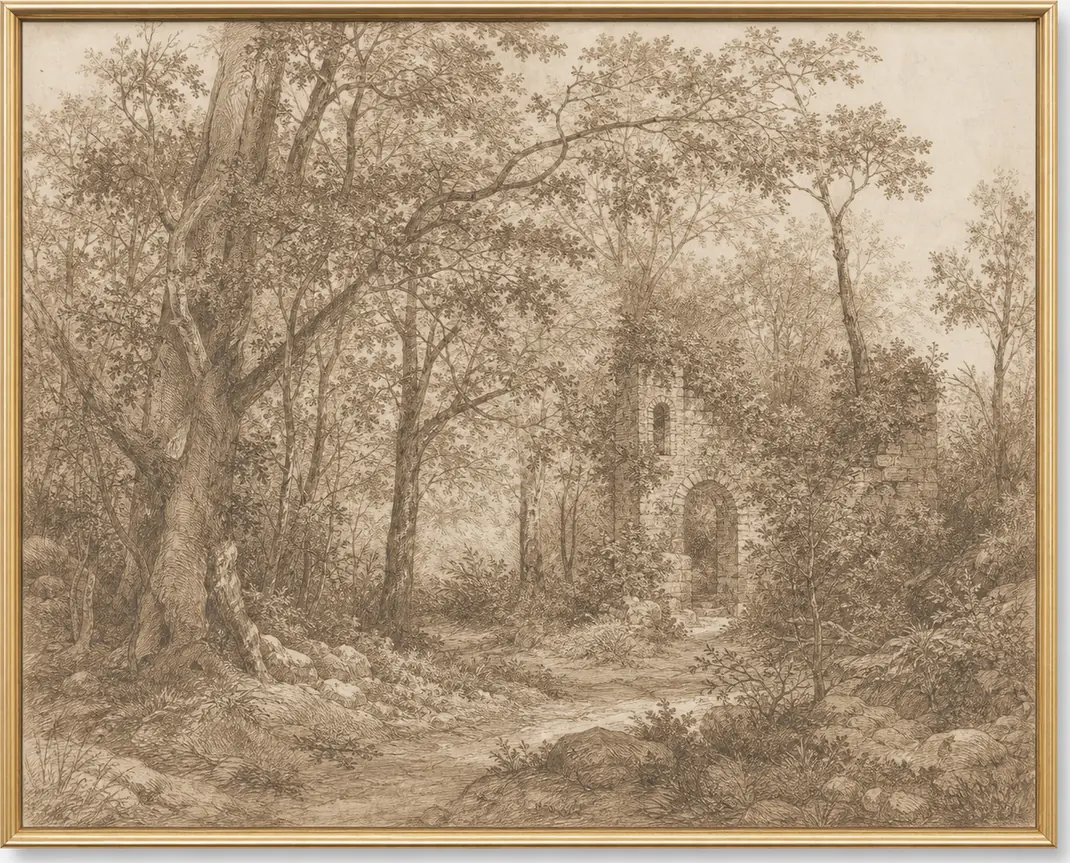Sepia Woodland Ruin Drawing, original artwork by Studio Sakaia, made to order