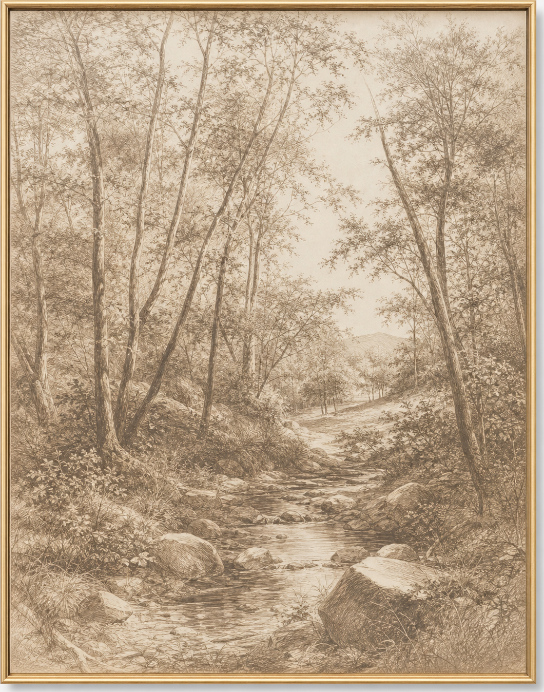 Sepia Woodland Stream Drawing, original artwork by Studio Sakaia, made to order