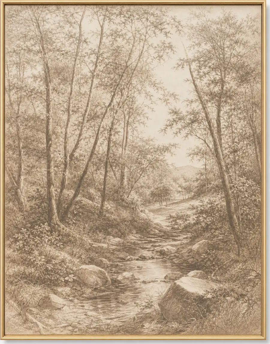Sepia Woodland Stream Drawing, original artwork by Studio Sakaia, made to order