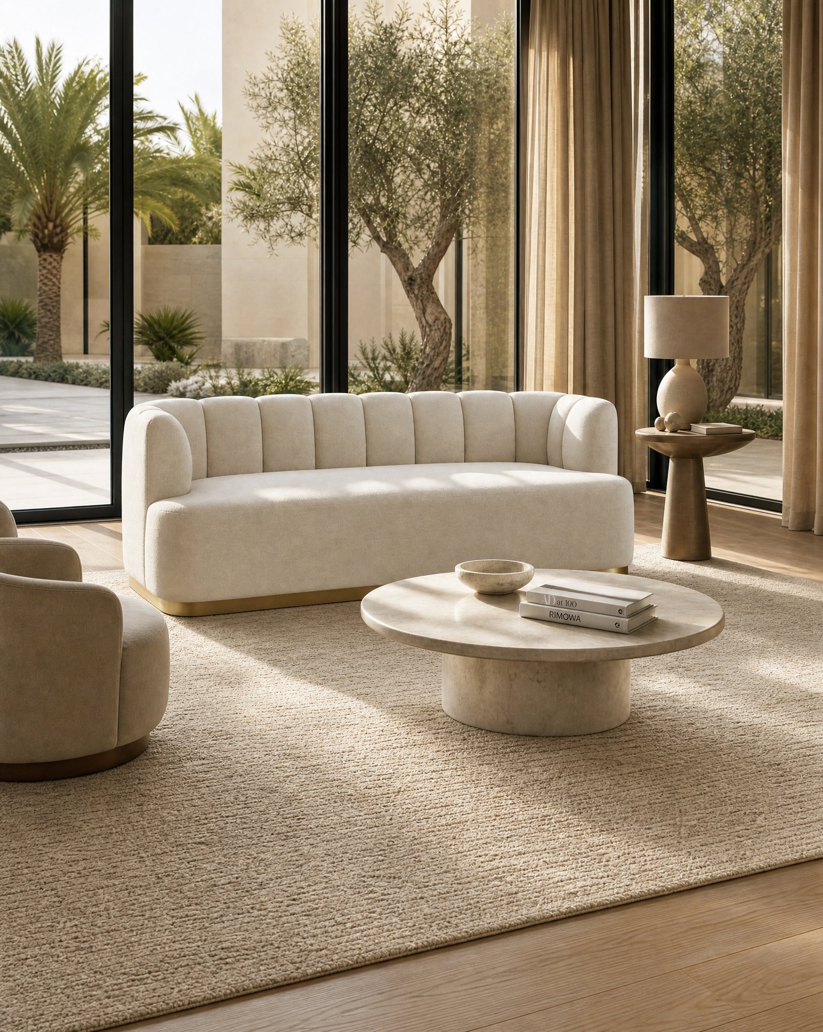 Editorial living room staging concept with a cream curved sofa for a Dubai market listing, Studio Sakaia