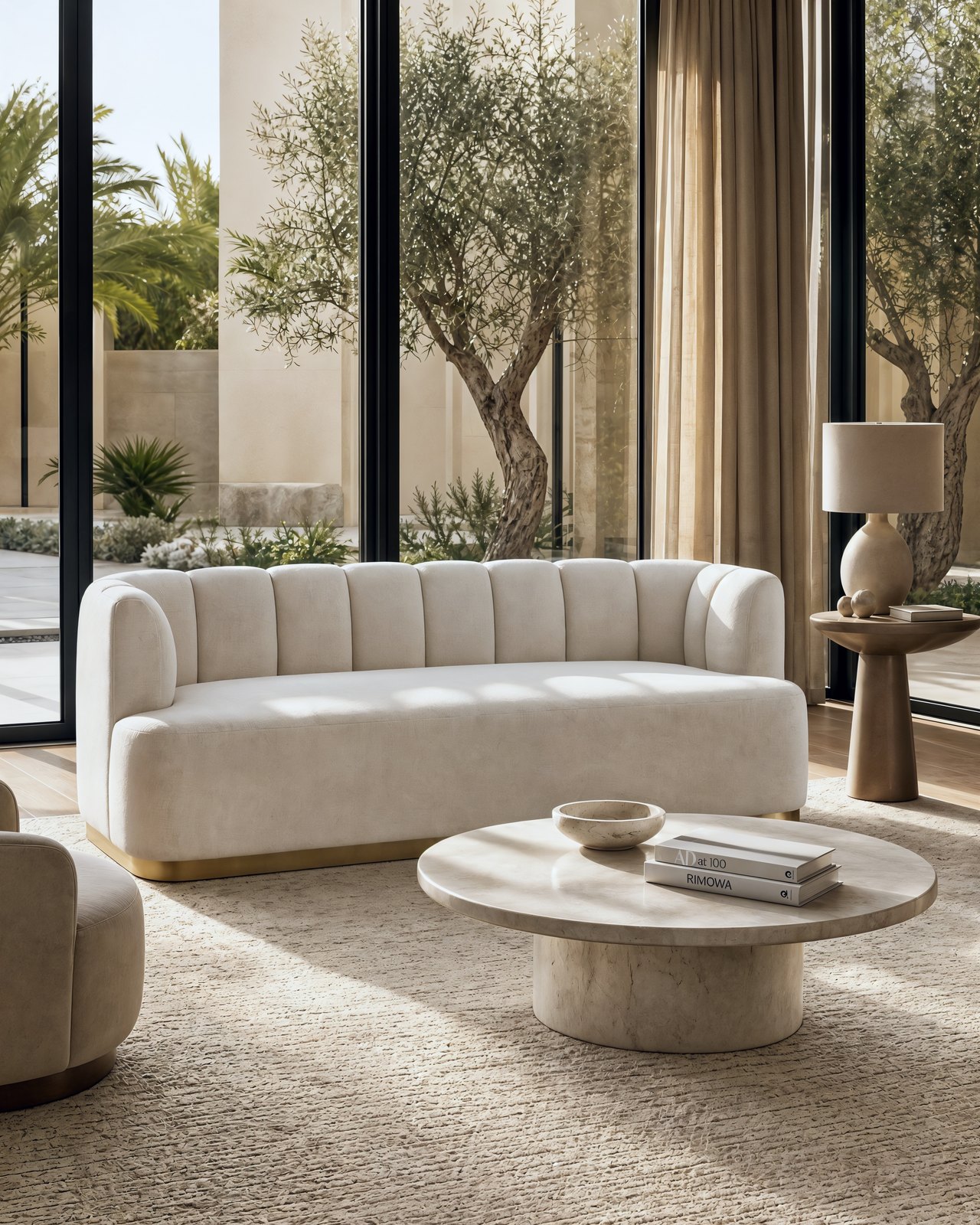 Warm minimalist Dubai living room with a cream curved sofa, Studio Sakaia