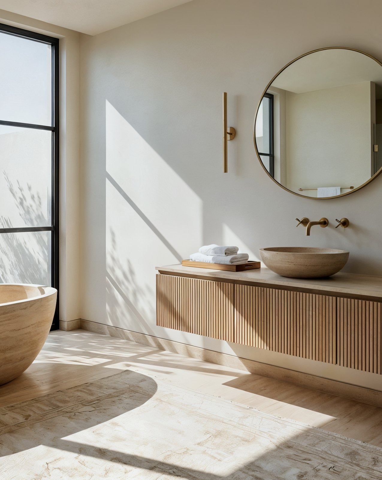 A hotel-calm bathroom vanity: a fluted oak cabinet, a round mirror, a stone basin and a brushed-brass tap, Studio Sakaia, Dubai