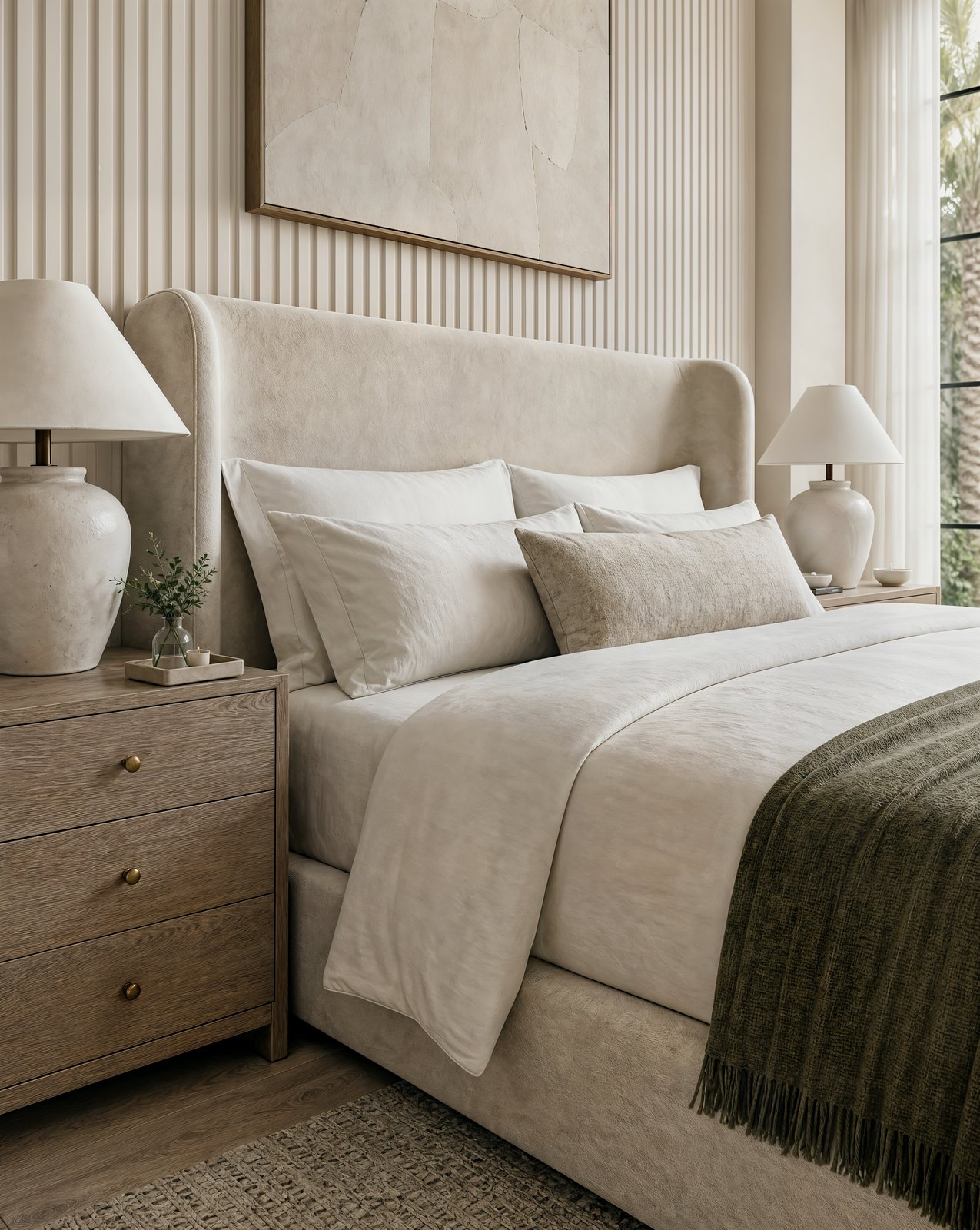 A closer view of the bed: layered linen and an olive throw against a reeded plaster wall, Palm Jumeirah, Dubai